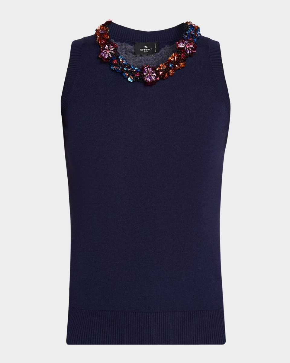 Sequined Neck Silk-Cashmere Tank Top